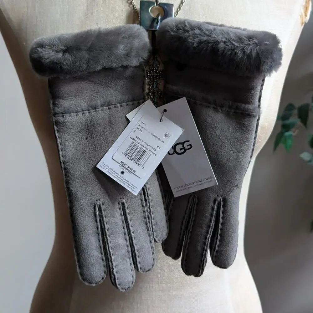UGG Sheepskin Suede Gloves Fur Trim Gloves Gray Chic Leather Luxury New Small